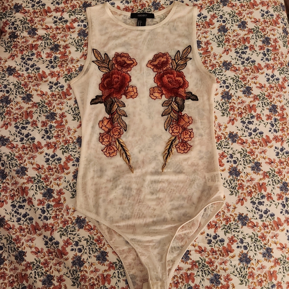 Forever 21 White Mesh Bodysuit with Red Embroidered Floral Appliqué